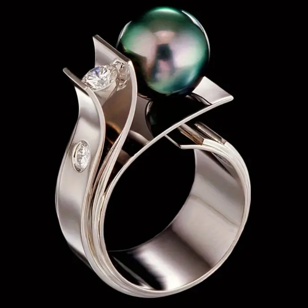 Elegant Vintage Inspired Faux Pearl Sterling Silver Plated Ring.